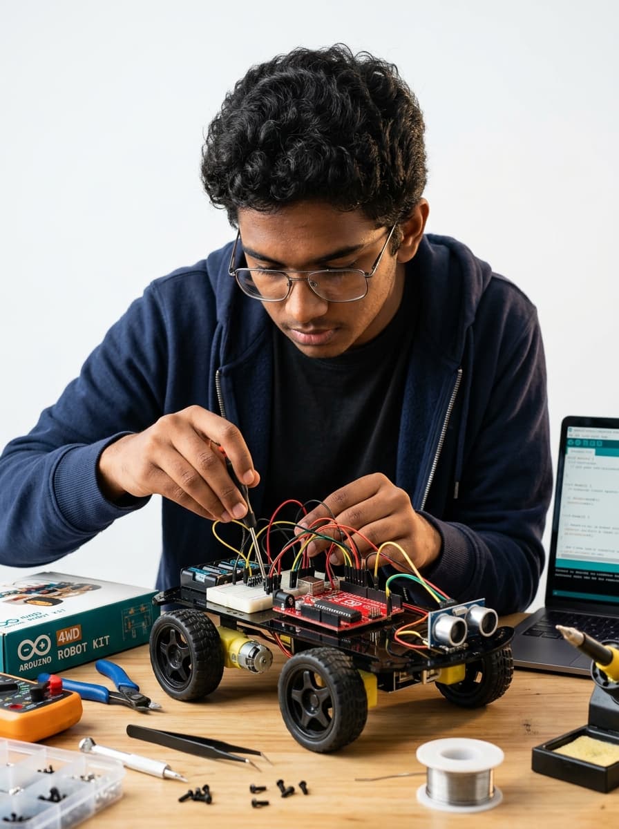 Student assembling a 4-wheel robotics rover at a workbench — MS Innovations Academy